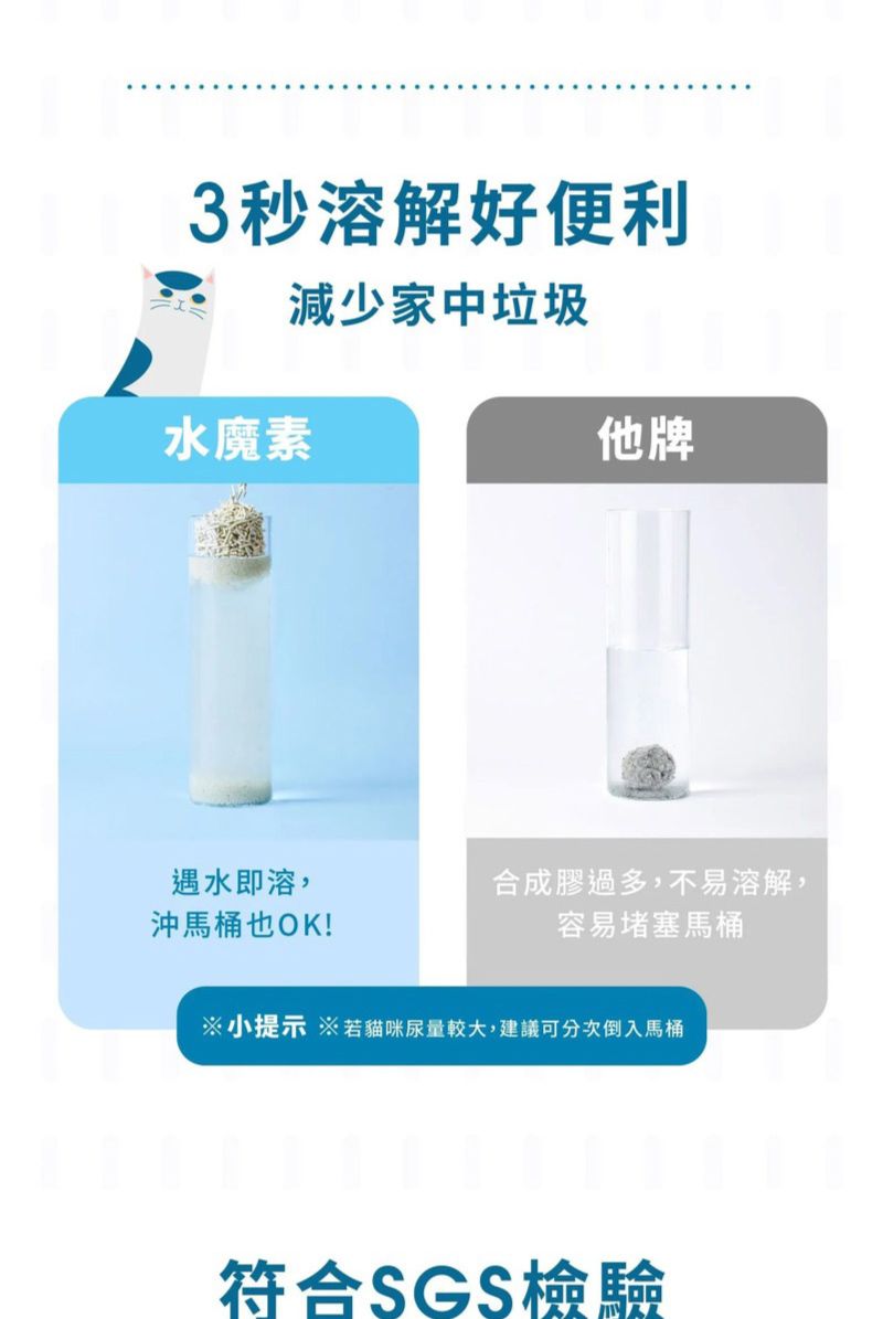 3秒溶解好便利減少家中垃圾他牌水魔素遇水即溶,沖馬桶也OK!合成膠過多,不易溶解,容易堵塞馬桶※小提示 ※若貓咪尿量較大,建議可分次倒入馬桶符合SGS檢驗