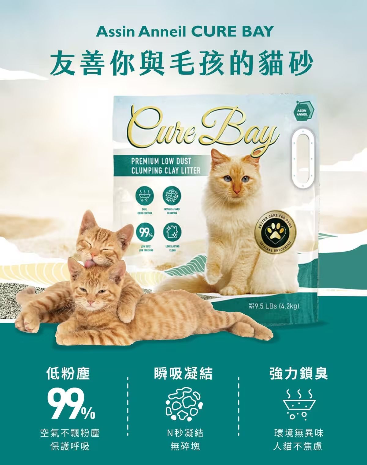Assin Anneil URE BAY友善你與毛孩的貓砂 BayPREMIUM  DUSTCLUMPING CLAY LITTERASSINANNEIL  99LOW  低粉塵瞬吸凝結99CARE FOR ETTER CUNSCENTED9.5 LBs (4.2kg)強力鎖臭555空氣不飄粉塵N秒凝結環境無異味保護呼吸無碎塊人貓不焦慮
