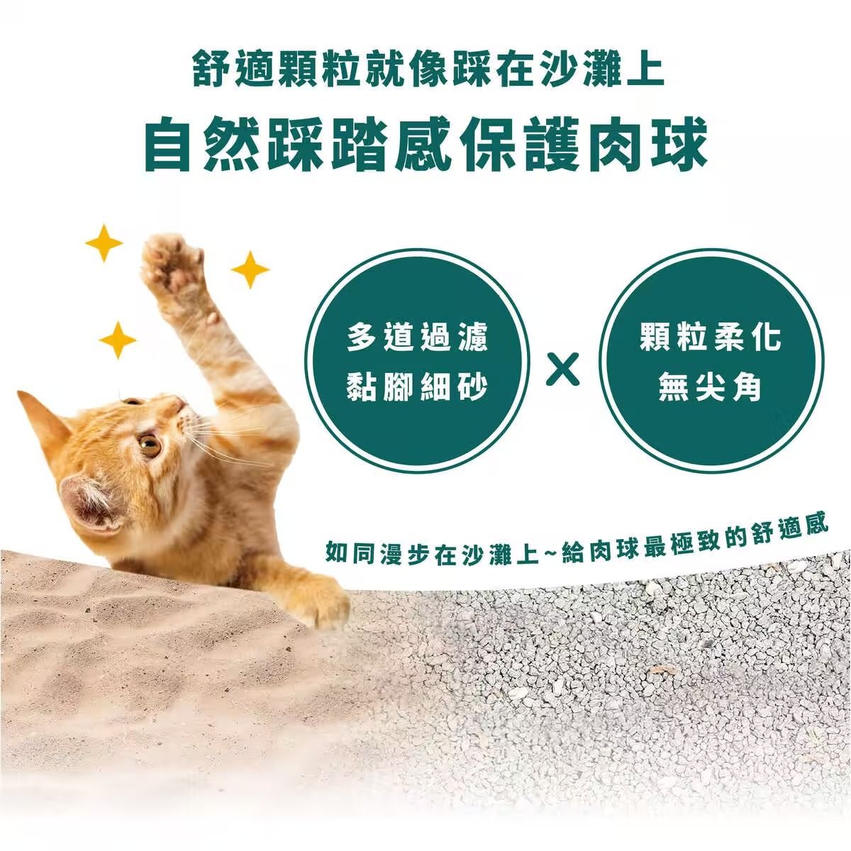 舒適顆粒就像踩在沙灘上自然踩踏感保護肉球多道過濾顆粒柔化黏腳細砂無尖角如同漫步在沙灘上~給肉球最極致的舒適感