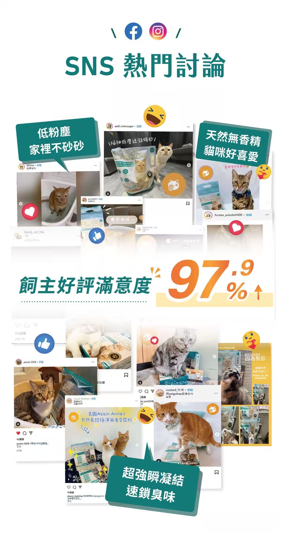 SNS 熱門討論低粉塵aud_minicooper家裡不砂砂\極細低塵凝礦砂 品牌    CLAY 呀~   hanji_cat_life天然無香精貓好喜愛 frozen potato008飼主好評滿意度 9%172yuumi018yuumi0318咪4天 danbing i美國Assin Anneil天然長效極淨無香豆腐砂zhupai danbing  3個 you12348.custard 11.18追 與petgofree品牌合作台灣超強瞬凝結速鎖臭味miru.hana.life因為有你收到了