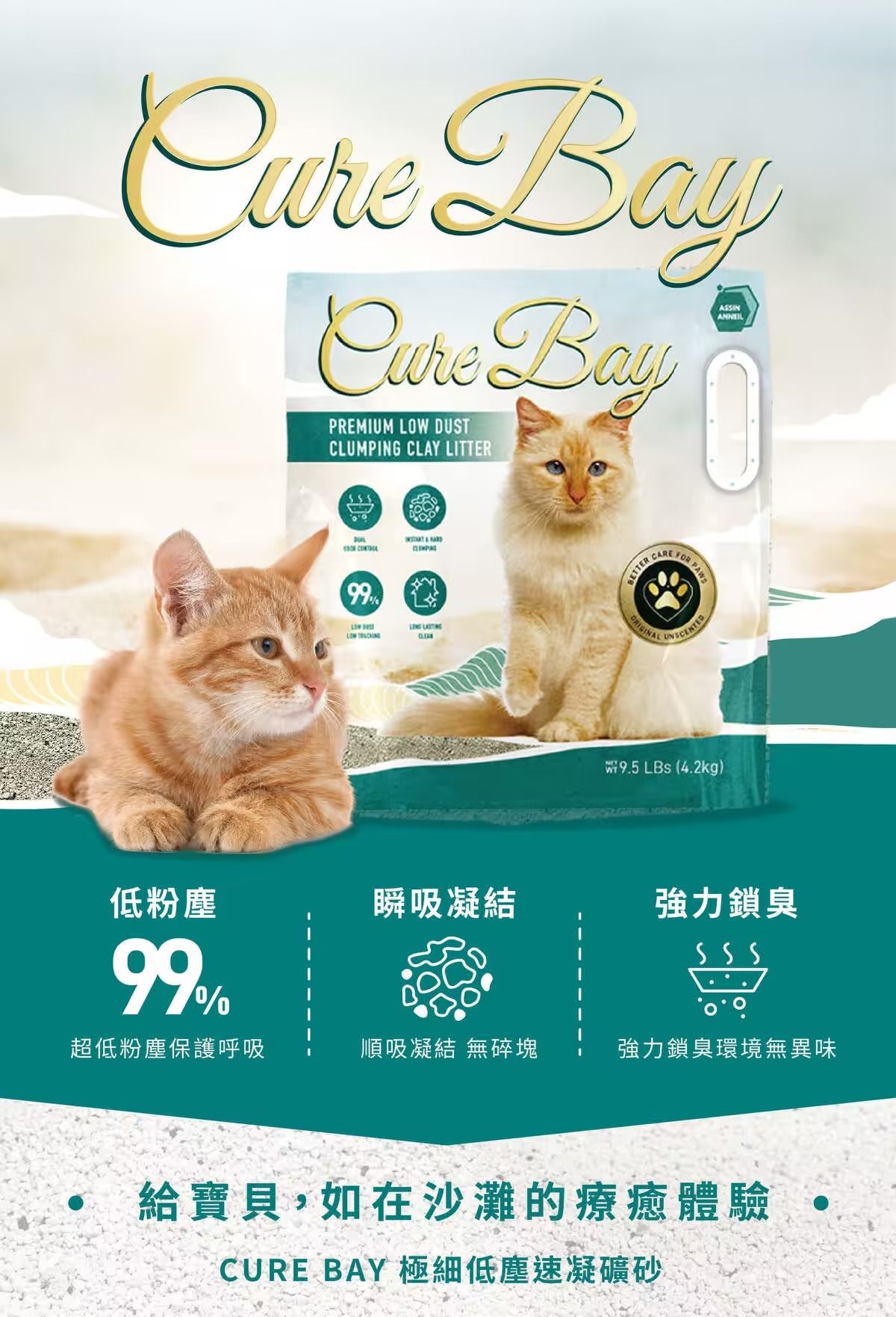 Bay BayPREMIUM  DUSTLUMPING CLAY LITTERASSIN99LOW  BETTERC 9.5  (4.2kg)低粉瞬吸凝結強力鎖臭99超低粉塵保護呼吸順吸凝結 無碎塊強力鎖臭環境無異味給寶貝,如在沙灘的療癒體驗CURE BAY 極細低塵速凝礦砂