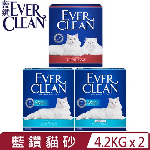 【2入組】EVER CLEAN藍鑽＜4倍淨味(藍標)/多貓抑菌(紅標)＞貓砂  4.2kg