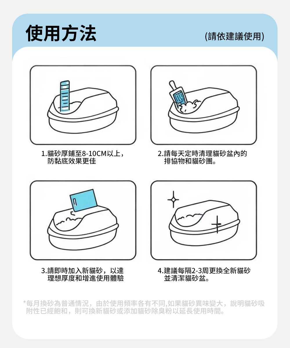 使用方法(請依建議使用)1.貓砂厚鋪至8-10CM以上,防黏底效果更佳2.請每天定時清理貓砂盆內的排協物和貓砂團。3.請即時加入新貓砂,以達理想厚度和增進使用體驗4.建議每隔2-3周更換全新貓砂並清潔貓砂盆。*每月換砂為普通情況,由於使用頻率各有不同,如果貓砂異味變大,說明貓砂吸附性已經飽和,則可換新貓砂或添加貓砂除臭粉以延長使用時間。
