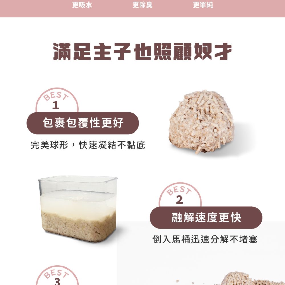 更吸水更除臭更單純滿足主子也照顧奴才BEST1包裹包覆性更好完美球形,快速凝結不黏底BEST2融解速度更快倒入馬桶迅速分解不堵塞BEST