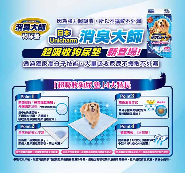 消臭師【狗因為強力所以不擴散不外漏消臭師Unicham超狗墊 登場透過獨家高分子技術大量尿尿不擴散不外漏『超吸收狗尿墊大特長Poin 乾爽Point3無香消臭方式外減少25%t快速吸收「擔心吸收後尿很潔淨Point 2角落也能安心不因為能「確實超吸收即使大量尿液也能吸收防止外又減少垃圾量 因為工作,的也安心高分子瞬間吸收尿尿長時間鎖住異味!Point4「確實吸收」3次!經濟實惠!片就可以確實吸收3次(90cc)的!也2以上的,尿量多的小型大吸收尿尿後,尿的可能冷冷的這是因為吸收的尿液變冷的關係,並不是從,安心使用。