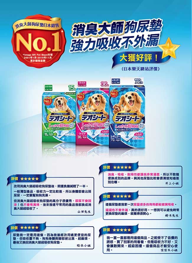 日本大師 強力不No1  Pet 市場2001年1月-2015年11月累計銷售ワイドスーパーワイド1536No1No.1大獲好評(日本樂天網站評價)評價 No.115.ワイド!36..評價吸收耐用性讓我非常滿意所以不敢便換成別的品牌其他尿比較會很清楚知道差別在哪井上小姐改用消臭大師超吸收狗尿墊後負擔減輕了一半一般產品吸收力一定比較差所以身都會沾到尿尿一定要幫狗狗洗澡評價 但消臭大師超吸收狗尿的高分子很優秀尿尿會有異味後來我平常用的產品我都换成消與大師超吸收了山田先生這個我家一次很多的狗狗都能確實吸收。邊邊也外漏很好用。一想到可以避免時常更換的就覺得很開心。鈴木先生評價尿我一定是用這個。因為我曾經改用過更便宜的尿,但吸收體不夠,狗狗身體與都被沾濕,超麻煩,最後又换回消臭大師超吸收狗尿墊。松本小姐評價我一直一直都是用這個商品。之前受不了低價的誘惑,了別家的用看看,但是吸收力不好,又會擴散開來,超級困擾。這個商品才能安心使用。佐佐木小姐