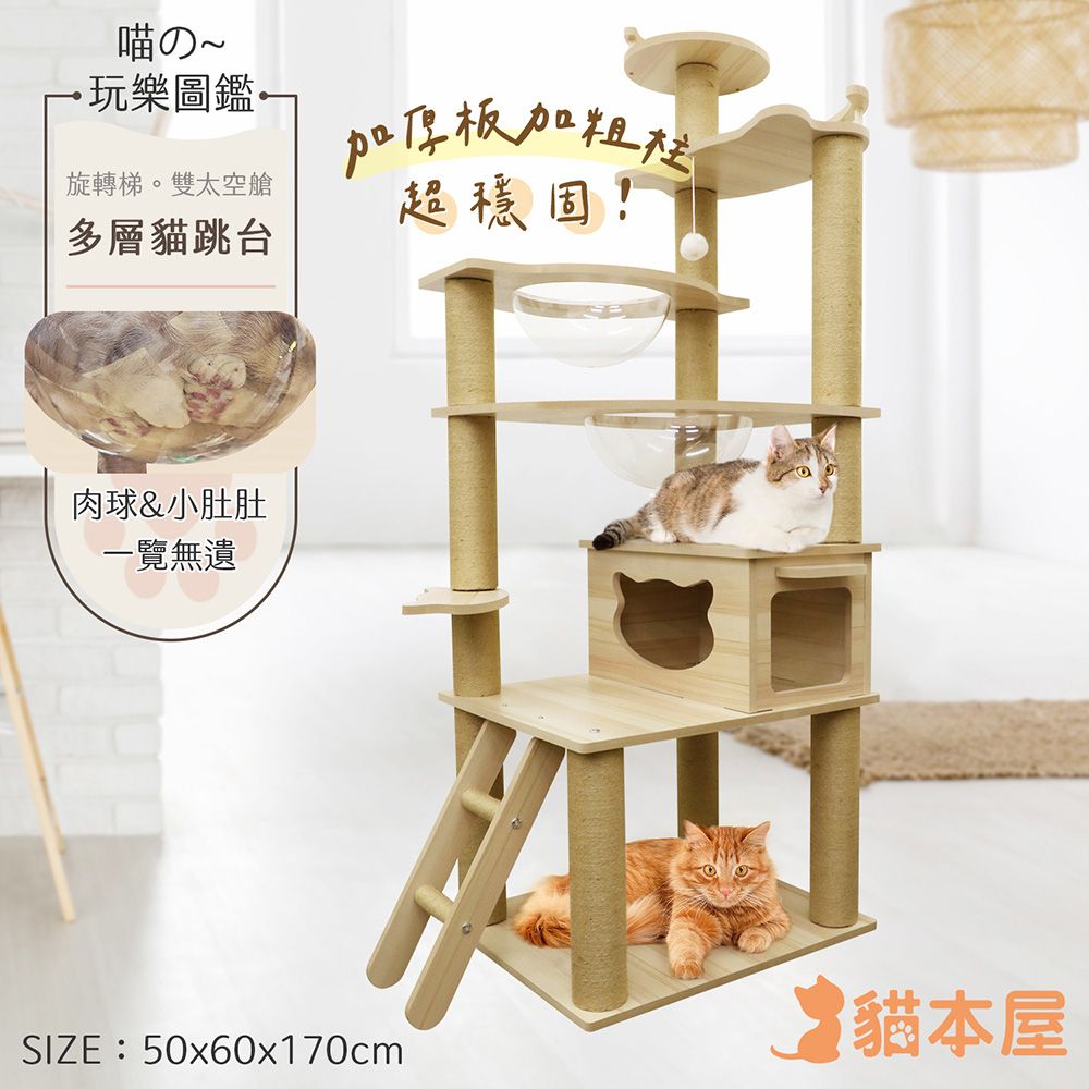 貓本屋  升級加粗麻繩柱加厚木紋多層貓跳台(170cm)