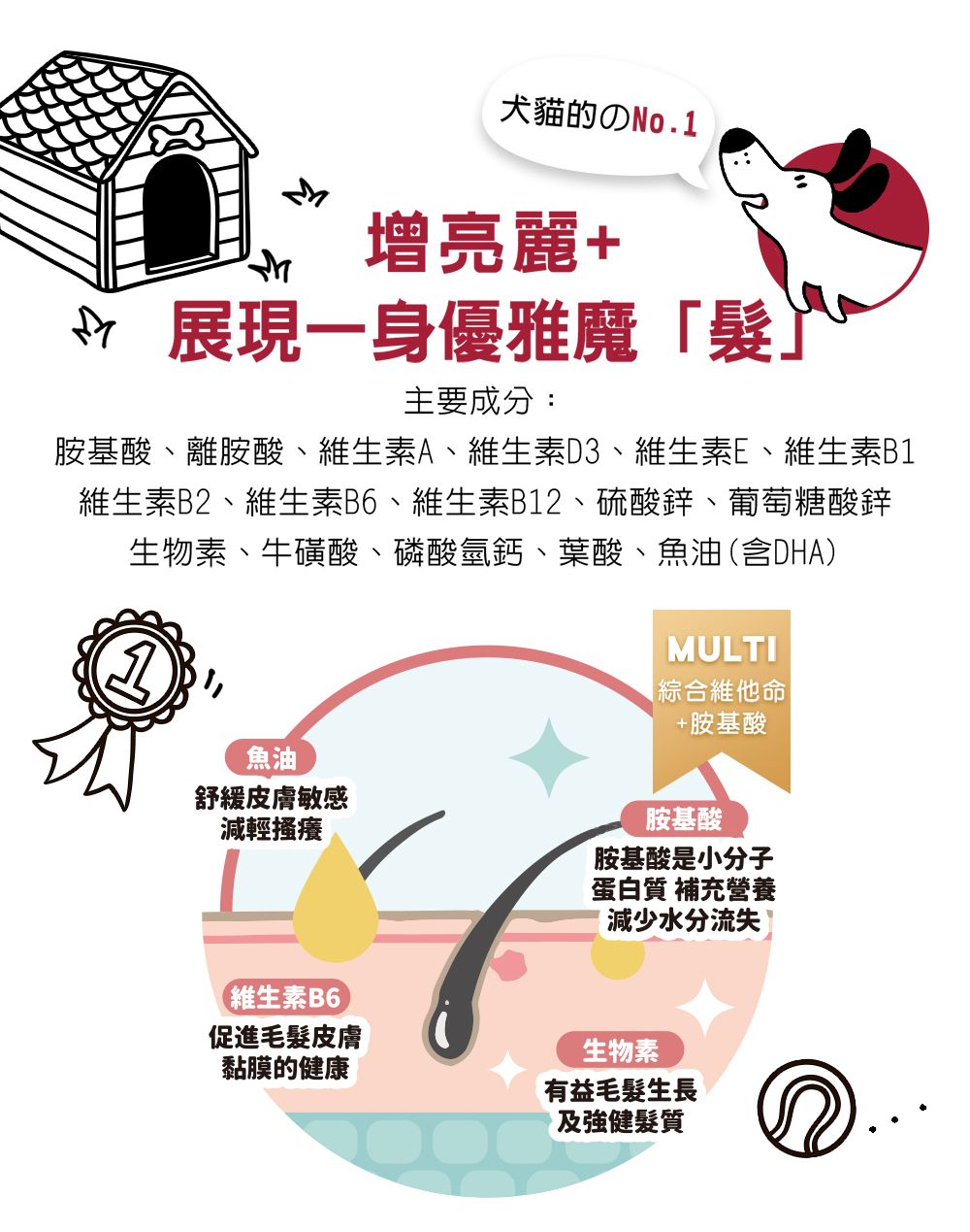 犬貓的のNo.1增亮麗+ 展現一身優雅魔髮主要成分:胺基酸離胺酸、維生素A、維生素D3、維生素E、維生素B1維生素B2、維生素B6、維生素B12、硫酸鋅、葡萄糖酸鋅生物素、牛磺酸、磷酸氫鈣、葉酸、魚油(含DHA)MULTI綜合維他命+胺基酸魚油舒緩皮膚敏感減輕搔癢維生素B6促進毛髮皮膚黏膜的健康胺基酸胺基酸是小分子蛋白質 補充營養減少水分流失 生物素有益毛髮生長髮質