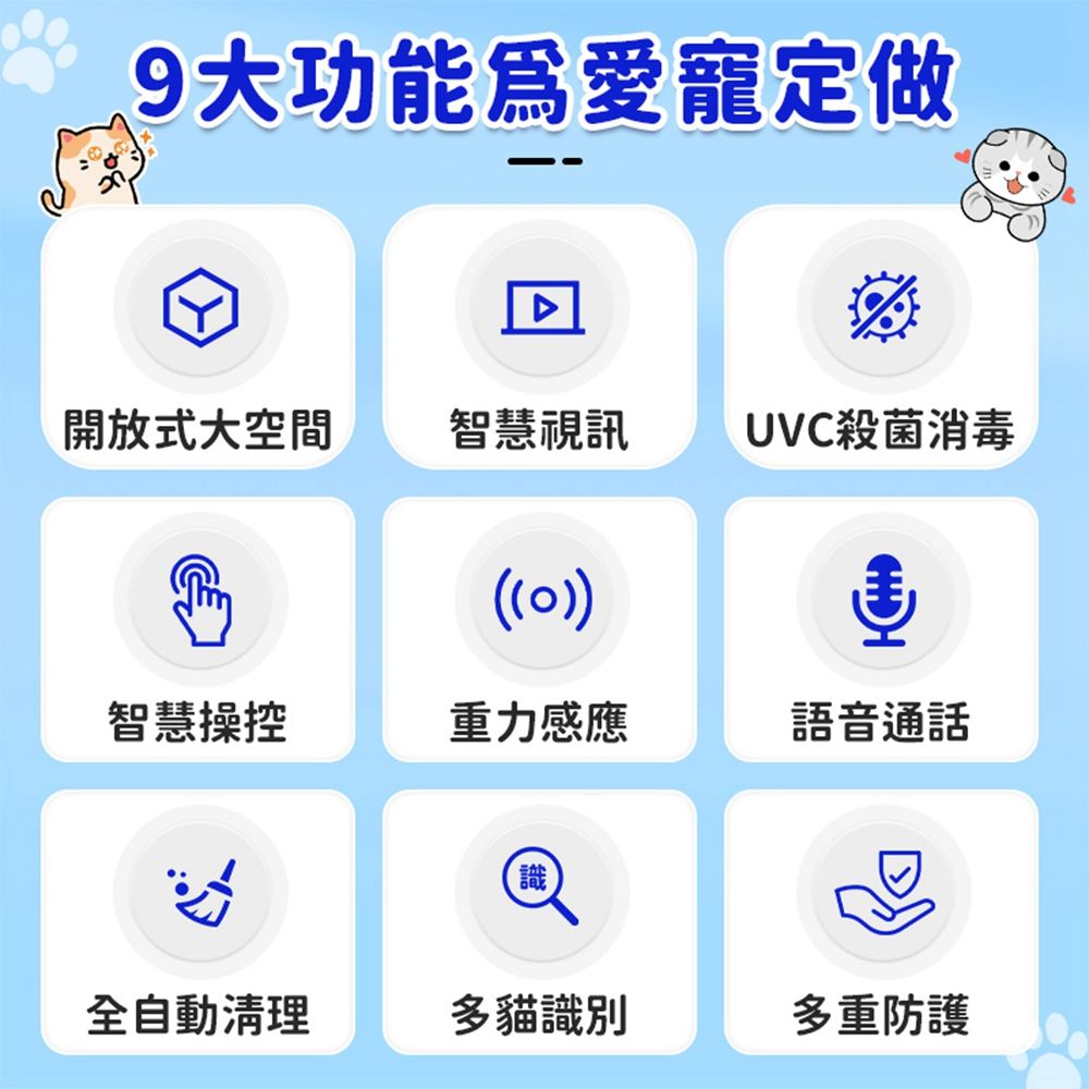 9大功能爲愛寵定做開放式大空間智慧視訊UVC殺菌消毒())智慧操控重力感應語音通話全自動清理多貓識別多重防護