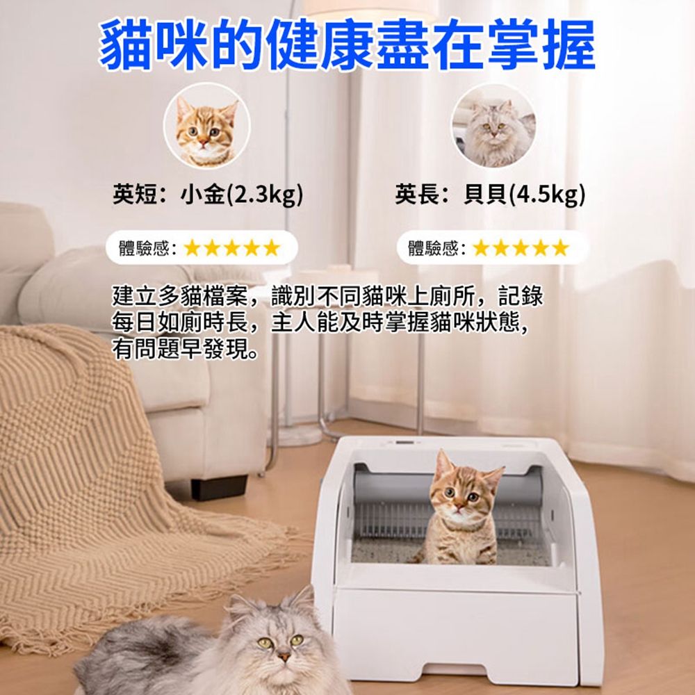 貓咪的健康盡在掌握英短:小金(2.3kg)英長:貝貝(4.5kg)體驗感:體驗感:建立多貓檔案,識別不同貓咪上廁所,記錄每日如廁時長,主人能及時掌握貓咪狀態,有問題早發現。