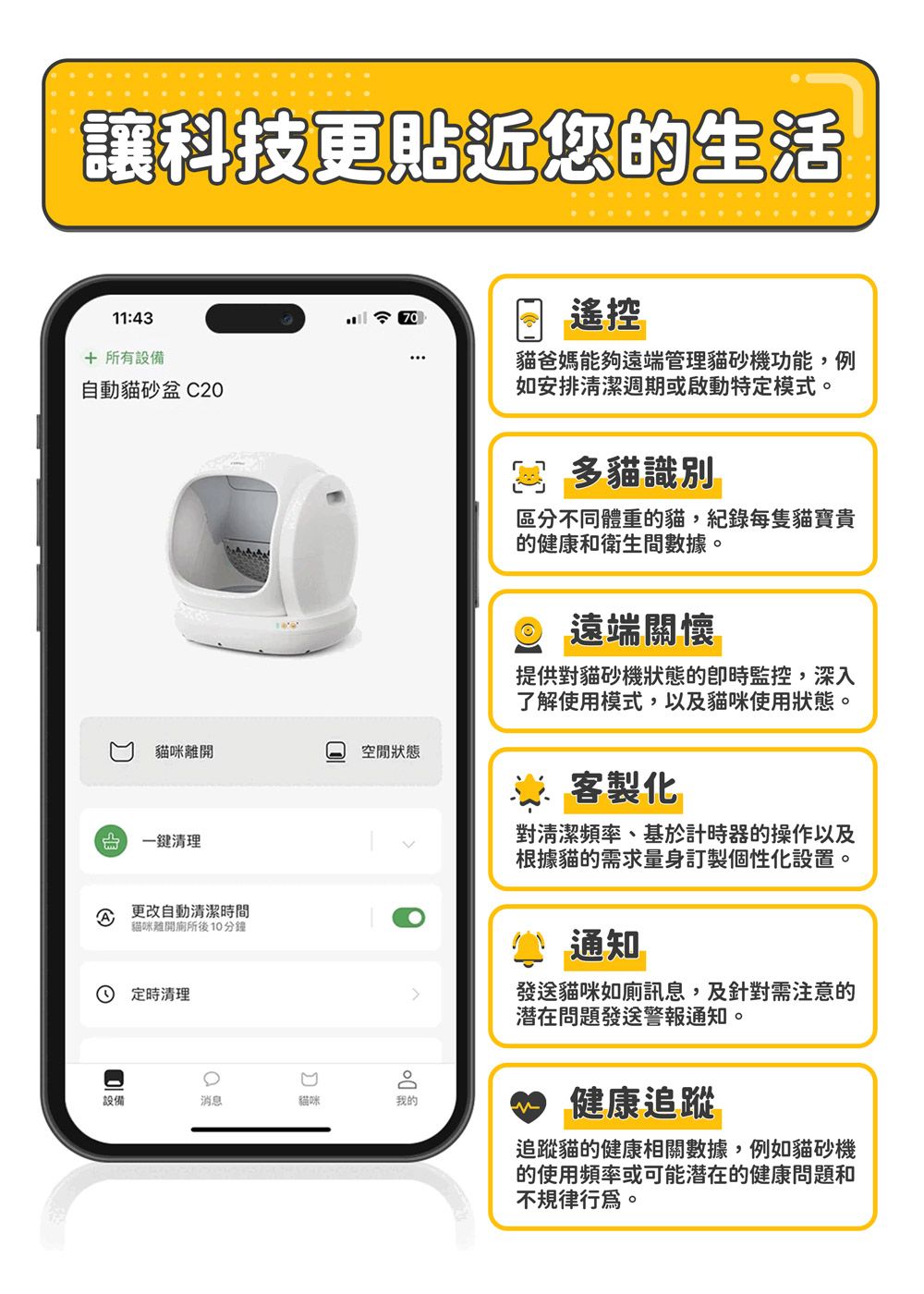 讓科技更貼近您的生活11:43 所有設備自動貓砂盆 遙控70貓爸媽能夠遠端管理貓砂機功能,例如安排清潔週期或啟動特定模式貓咪離開狀態一鍵清理 更改自動清潔時間貓咪離開後10分鐘① 定時清理 多貓識別區分不同體重的貓,紀錄每隻貓寶貴的健康和衛生間數據。 遠端關懷提供對貓砂機狀態的監控,深入了解使用模式,以及貓咪使用狀態。、客製化對清潔頻率、基於計時器的操作以及根據貓的需求量身訂製個性化設置。通知發送貓咪如廁訊息,及針對需注意的問題發送警報通知。設備消息貓咪我的 健康追蹤追蹤貓的健康相關數據,例如貓砂機的使用頻率或可能潜在的健康問題和不規律。