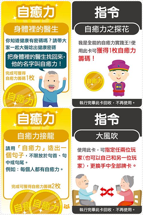 癒力身體裡的醫生你知道健康有密碼嗎?帶大家一起大聲唸出健康密碼把身體裡的醫生找回來,他的名字叫自癒力!完成可獲得自癒力籌碼1枚自癒力自癒力自癒力接龍請用自癒力」造出一個句子,不限放於句首、句中或句尾。「例如:每個人都有自癒力。完成可獲得自癒力籌碼2枚自自癒力指令自癒力之探花我是全能的自癒力實踐王!使用此卡可獲得1枚自癒力籌碼!自力绿花執行完畢此卡回收,不再使用。指令大風吹使用此卡,可指定任兩位玩家(也可以自己和另一位玩家),更換手中全部牌卡。執行完畢此卡回收,不再使用。