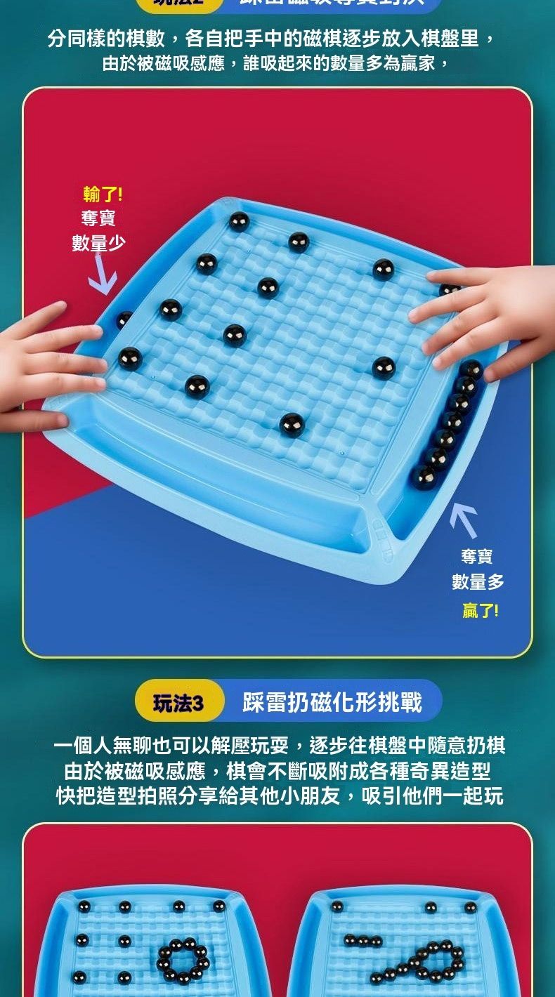 分同樣的棋數,各自把手中的磁棋逐步放入棋盤里,由於被磁吸感應,誰吸起來的數量多為贏家,輸了!奪寶數量少奪寶數量多贏了!玩法3 踩雷扔磁化形挑戰一個人無聊也可以解壓玩耍,逐步往棋盤中隨意扔棋由於被磁吸感應,棋會不斷吸附成各種奇異造型快把造型拍照分享給其他小朋友,吸引他們一起玩