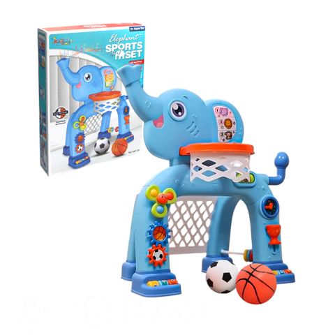 大象造型幼兒多功能2合1籃球足球運動架(英文發音/搖籃曲/七彩星空燈/音樂歌曲)(70072A)