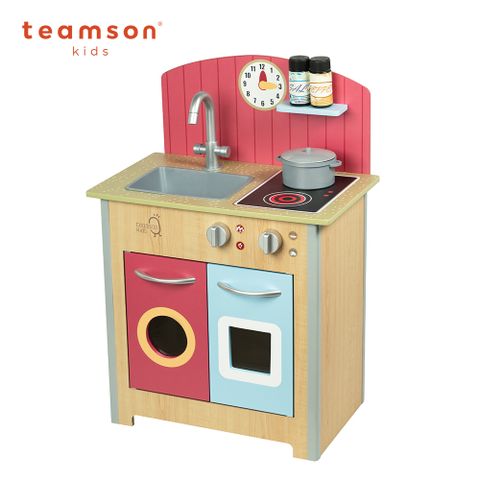 Teamson小廚師波爾多木製家家酒玩具小廚房-木紋/紅色