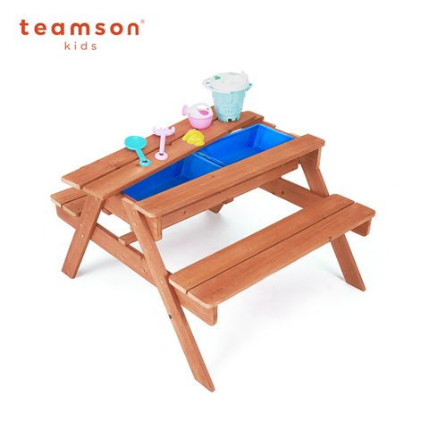 Teamson戶外綠洲兒童木製桌椅組(附玩沙玩具8件組)