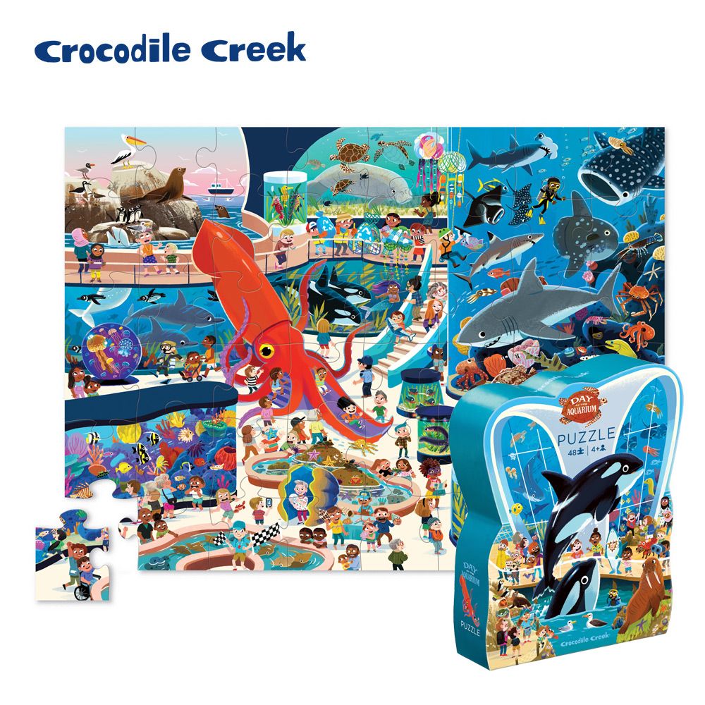  【美國Crocodile Creek】博物館造型盒學習拼圖48片-水族館玩出孩子大世界拼出孩子學習力