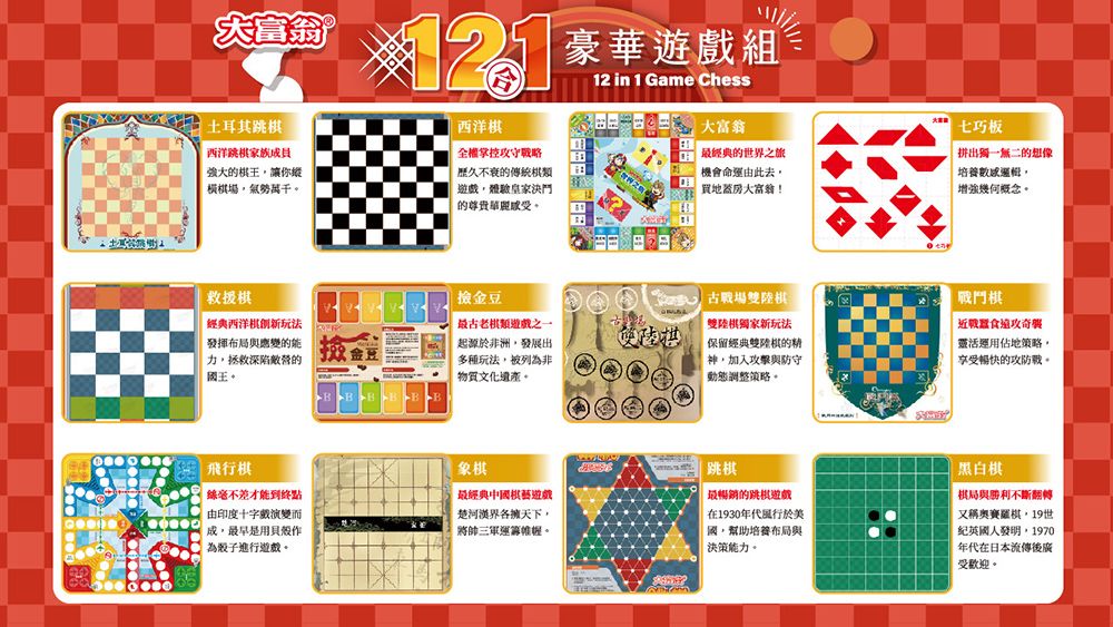 土耳其跳西洋棋豪華12 in 1 Game Chess大富翁經典的世界之旅機會命運由此去七巧板拼出獨一無二的想像西洋跳棋家族員強大的棋王讓你縱橫棋場氣勢萬千全權掌控守戰略歷久不衰的傳統棋類體驗皇家決鬥的培養買地蓋房大富翁!增強幾何概念救援棋金豆經典西洋棋玩法發揮布局與應變的能拯救深陷敵營的國王金豆最古老棋類遊戲起源非洲發展出多種玩法被列為非物質文化遺產拱古戰場雙陸棋雙陸棋獨家新玩法保留經典雙陸棋的精加入攻擊與動態調整策略。戰鬥棋戰蠶食攻靈活運用佔地策略享受暢快的攻防戰。飛行棋象棋跳棋最經典中國棋藝遊戲最暢銷的跳棋遊戲在1930年代於美不差才能到終點由印度十字戲演變而成最早是用貝殼作為殼子進行遊戲。楚河漢界各擁天下,將帥三軍。決策能力。國,幫助培養布局與黑白棋棋局與勝利不斷翻轉又稱棋世 人發明,1970年代在日本流傳後廣受歡迎。