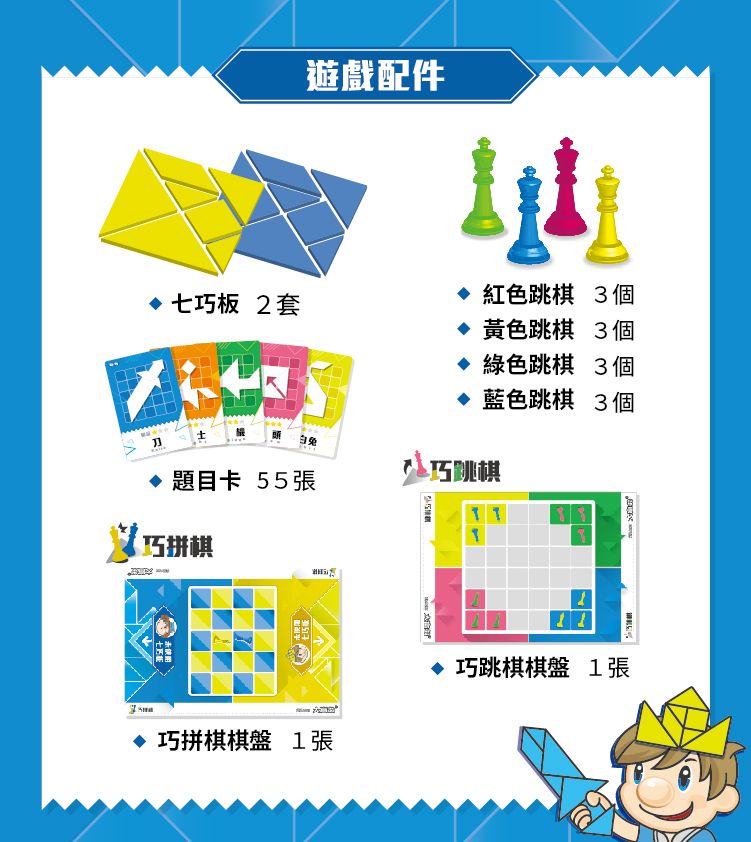 遊戲配件 七巧板 2套 紅色跳棋 3個 黃色跳棋 3個 綠色跳棋 3個 藍色跳棋 3個題目卡 55巧跳棋巧拼棋 巧拼棋棋盤 1張 巧跳棋棋盤 1張