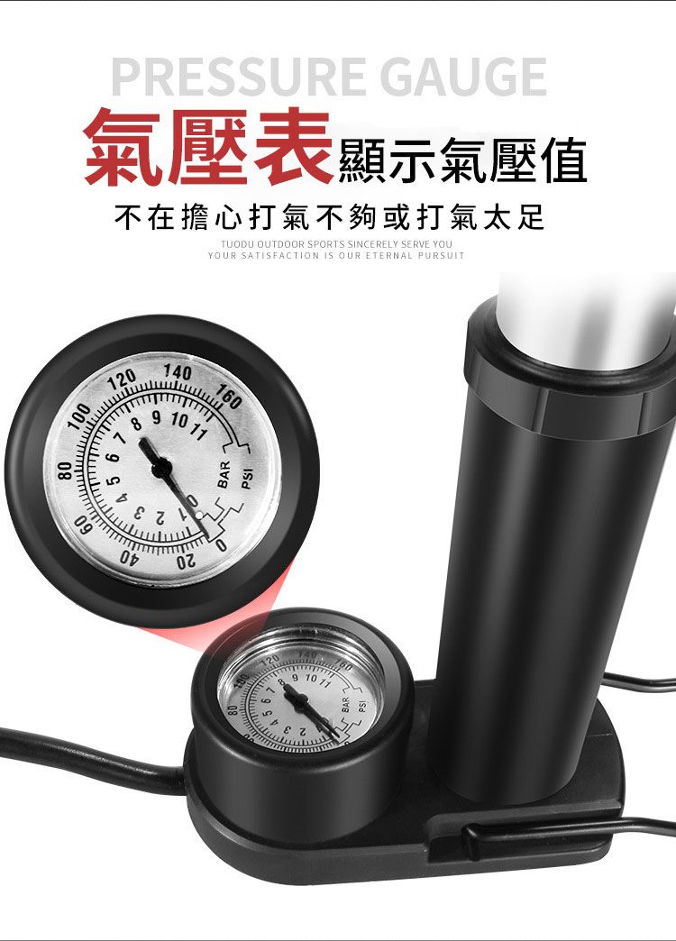 1201006 78080 5 6PRESSURE GAUGE氣壓表顯示氣壓値不在擔心打氣不夠或打氣太足TUODU OUTDOOR SPORTS SINCERELY SERVE YOUYOUR SATISFACTION IS OUR ETERNAL PURSUIT1401609 10 BAR10