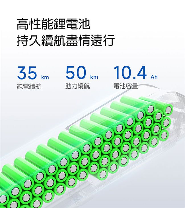 高性能鋰電池持久續航盡情遠行35 km 50km 10.4 Ah純電續航助力續航電池容量