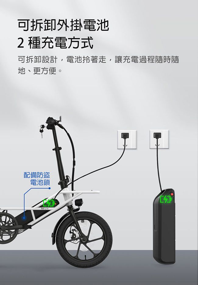 可拆卸外掛電池2種充電方式可拆卸設計,電池著走,讓充電過程隨時隨地、更方便。配備防盜電池鎖