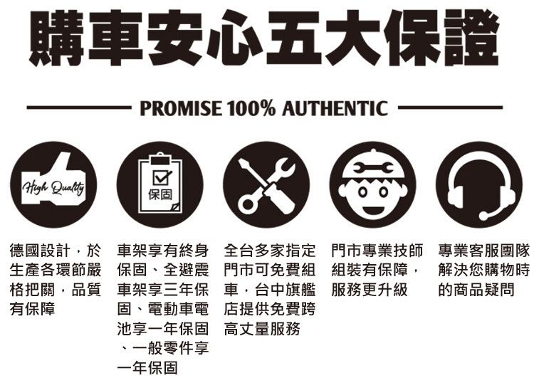 購車安心五大保證PROMISE 100% AUTHENTIC 保固德國設計於生產各環節嚴格把關品質有保障車架享有終身保固全避震車架享三年保固、電動車電池享一年保固、一般零件享一年保固全台多家指定門市專業技師門市可免費組 組裝有保障車,台中旗艦 服務更升級店提供免費跨高丈量服務專業客服團隊解決您購物時的商品疑問