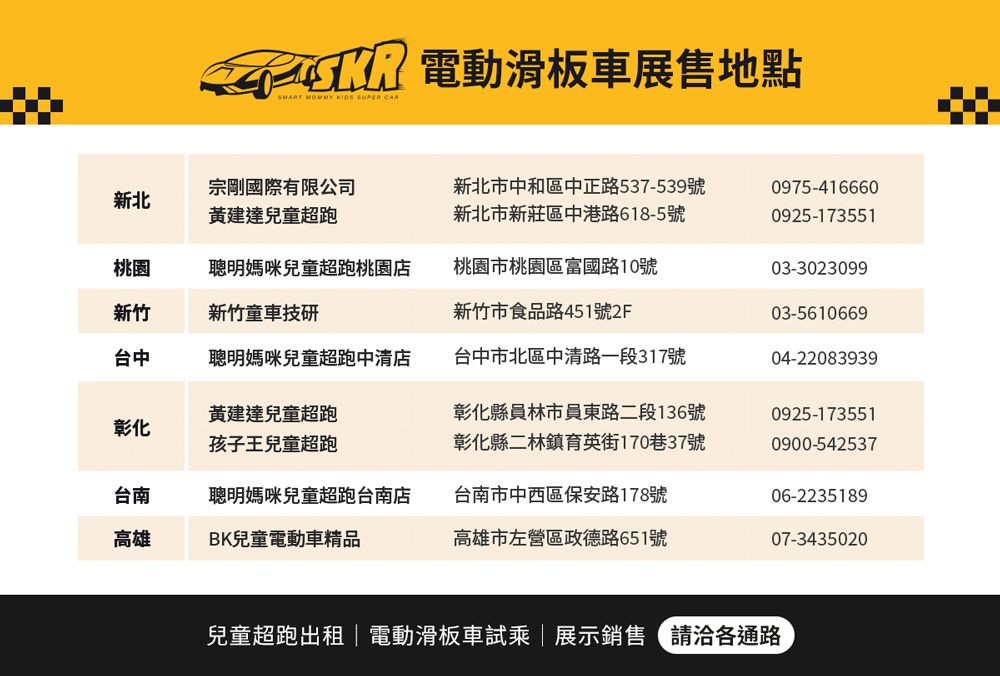 電動滑板車展售地點 MOMMY  SUPER 新北宗剛國際有限公司黃建達兒童超跑新北市中和區中正路537-539號新北市新莊區中港路618-5號0975-4166600925-173551桃園聰明媽咪兒童超跑桃園店新竹新竹童車技研桃園市桃園區富國路10號新竹市食品路451號2F03-302309903-5610669台中聰明媽咪兒童超跑中清店台中市北區中清路一段317號04-22083939彰化黃建達兒童超跑孩子王兒童超跑彰化縣林市員東路二段136號彰化縣二林鎮育英街170巷37號台南聰明媽咪兒童超跑台南店台南市中西區保安路178號0925-1735510900-54253706-2235189高雄BK兒童電動車精品高雄市左營區政德路651號07-3435020兒童超跑出租|電動滑板車試乘|展示銷售請洽各通路