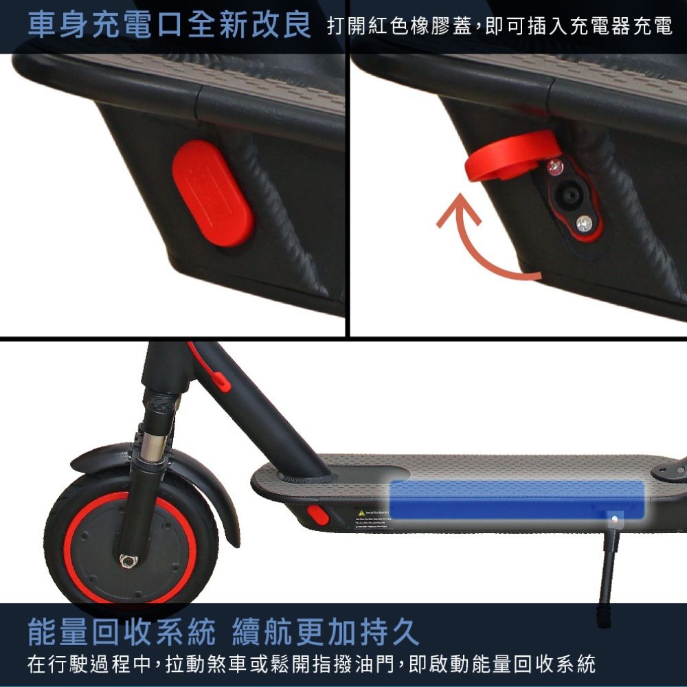 車身充電口全新改良 打開紅色橡膠蓋,即可插入充電器充電能量回收系統 續航更加持久在行駛過程中,拉動煞車或鬆開指撥油門,即啟動能量回收系統