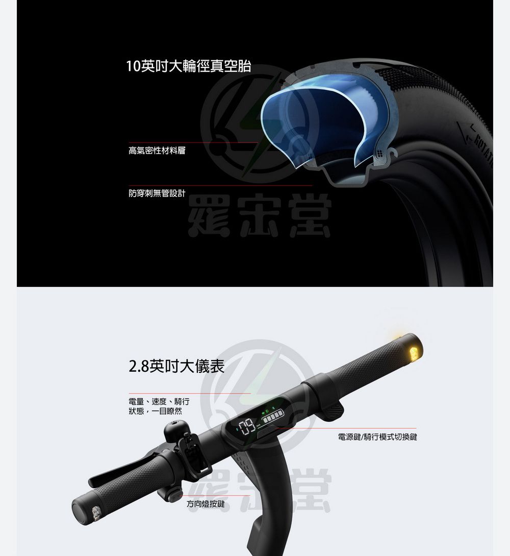 10英吋大輪徑真空胎高氣性材料層防穿刺無管設計密2.8英吋大儀表電量、速度、騎行狀態一目瞭然方向燈按鍵堂電源鍵/騎行模式切換鍵