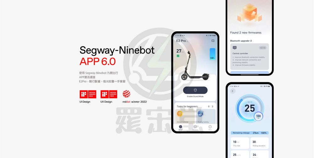 Segwy-NinebotAPP 60使用 Segway-Ninebot 九號出行APP連接E2Pro數據掌握 Design Designreddot winner 2022Found 2 new firmwares.E2 ProaBluetooth upgrade 227 001         Tasks for beginners02 2525100  27km 100%1030  2524