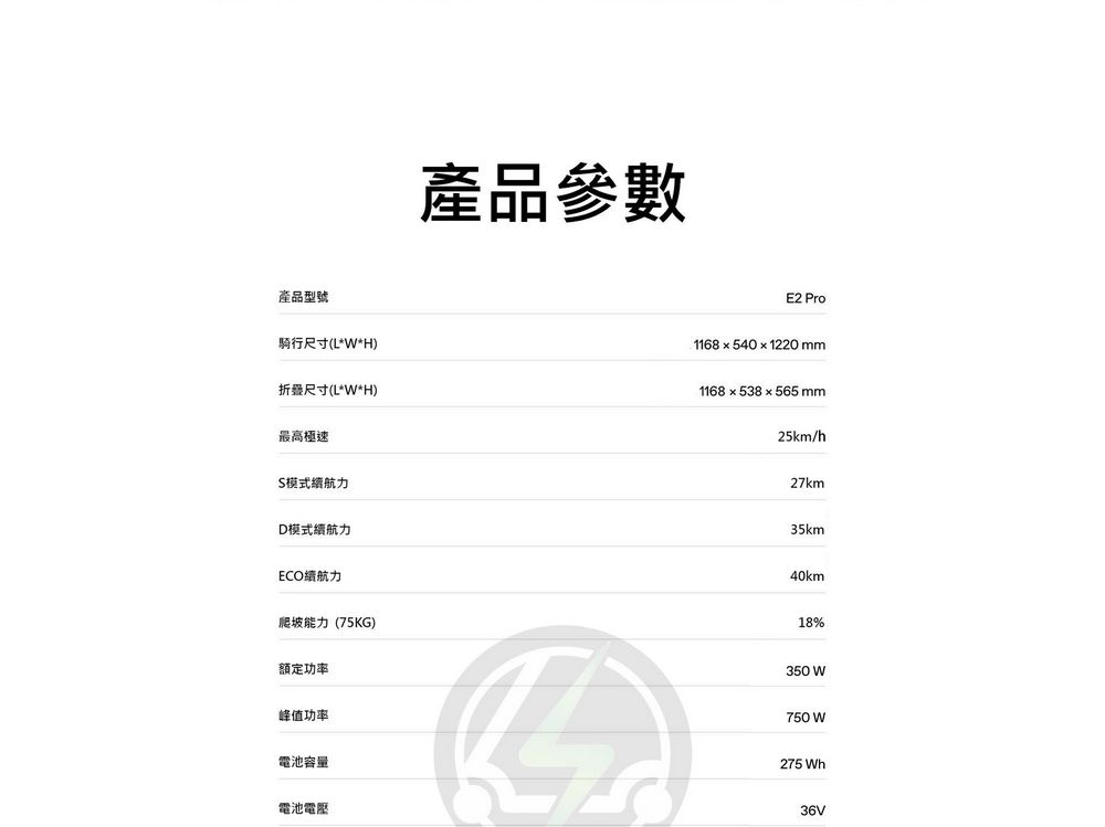 產品型號騎行尺寸(L*W*H)折叠尺寸(L*W*H)最高極速S模式續航力D模式續航力ECO續航力爬坡能力(75KG)額定功率峰值功率電池容量電池電壓產品參數E2 Pro1168x5401220mm1168x538x565 mm25km/h27km35km40km18%350 W750W275 Wh36V