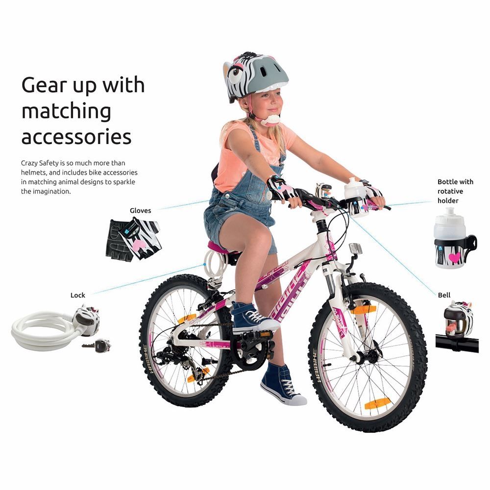 Gear up withmatchingaccessoriesCrazy Safety is so much more thanhelmets, and includes bike accessoriesin matching animal designs to sparklethe imagination.LockGlovesBottle withrotativeholderBell