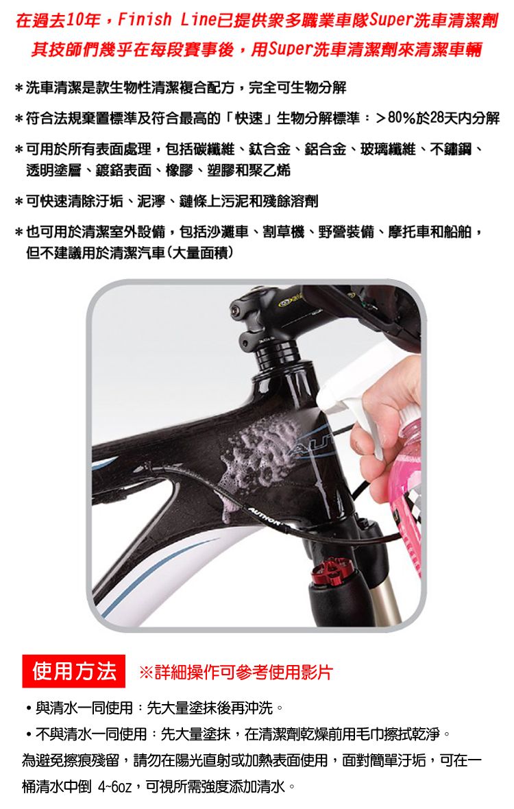 在過去10年Finish Line已提供職業車隊Super洗車清潔劑其技師們幾乎在每段賽事後,用Super洗車清潔劑來清潔車輛*洗車清潔款生物性清潔複合配方,完全可生物分解*符合法規棄置標準及符合最高的「快速」生物分解標準:80%於28天内分解*可用於所有表面處理,包括碳纖維、鈦合金、鋁合金、玻璃纖維、不鏽鋼、透明塗層、鍍鉻表面、橡膠、塑膠和聚乙烯*可快速清除汙垢、泥濘、鏈條上污泥和殘餘溶劑*也可用於清潔室外設備,包括沙灘車、割草機、野營裝備、摩托車和船舶,但不建議用於清潔汽車(大量面積)使用方法詳細操作可參考使用影片與清水一同使用:先大量塗抹後再沖洗。,不與清水一同使用:先大量塗抹,在清潔劑乾燥前用毛巾擦拭乾淨。為避免擦痕殘留,請勿在陽光直射或加熱表面使用,面對簡單汙垢,可在一桶清水中倒 4~6oz,可視所需強度添加清水。