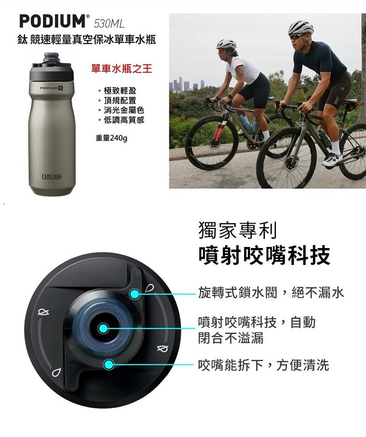 POIUM530ML鈦 競速輕量真空保冰單車水瓶單車水瓶之王PODIUM 極致輕盈頂規配置消光金屬色低調高質感CAMELBAKD重量240gp獨家專利噴射咬嘴科技-旋轉式鎖水閥,絕不漏水噴射咬嘴科技,自動閉合不溢漏咬嘴能拆下,方便清洗