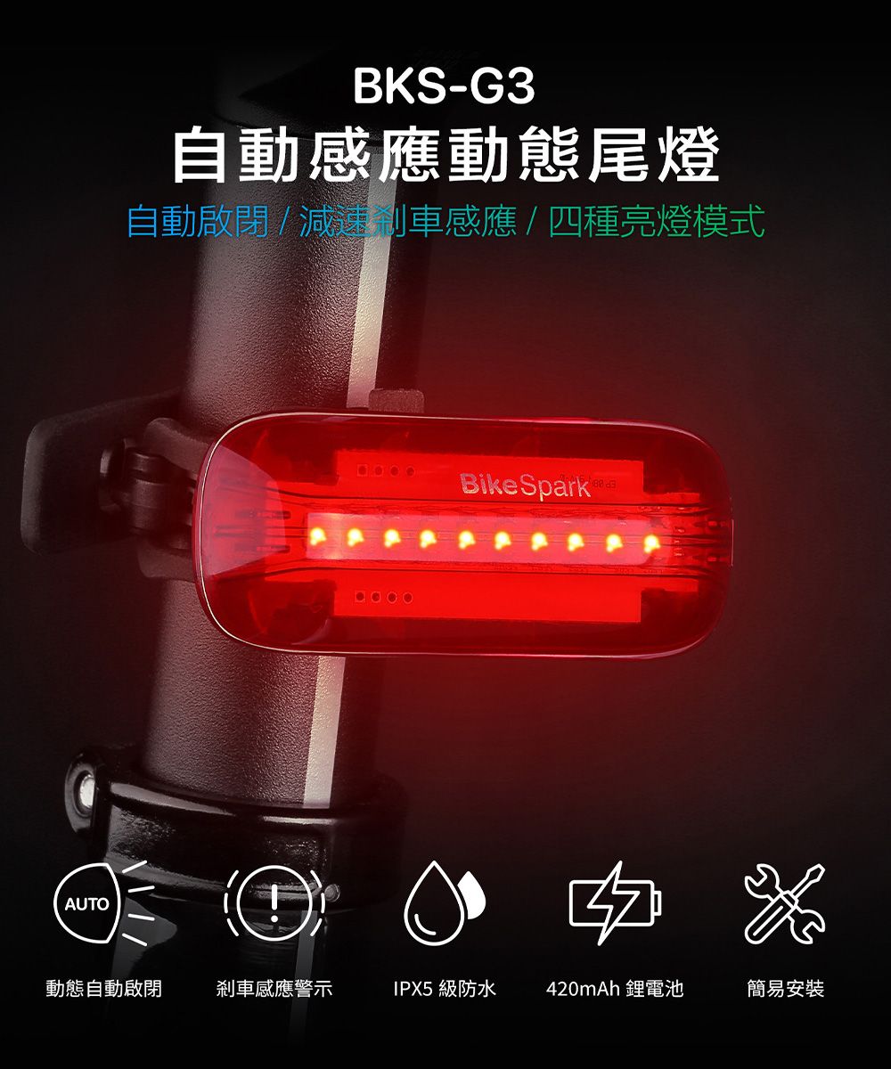 AUTOBKS-G3自動感應動態尾燈自動啟閉/減速車感應/四種亮燈模式BikeSpark 動態自動啟閉剎車感應警示IPX5 級防水420mAh 鋰電池簡易安裝