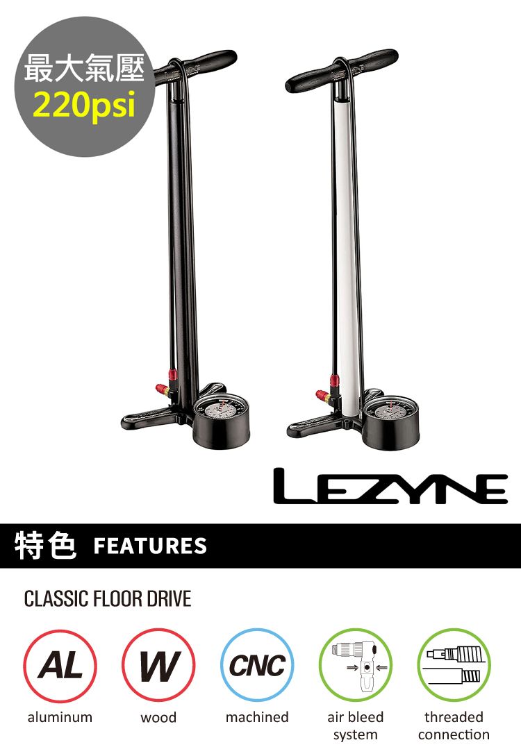 最大氣壓220psi特色 FEATURESLASSIC FLOOR DRIVELEZYNEALCNCaluminumwoodmachinedair bleedsystemCthreadedconnection