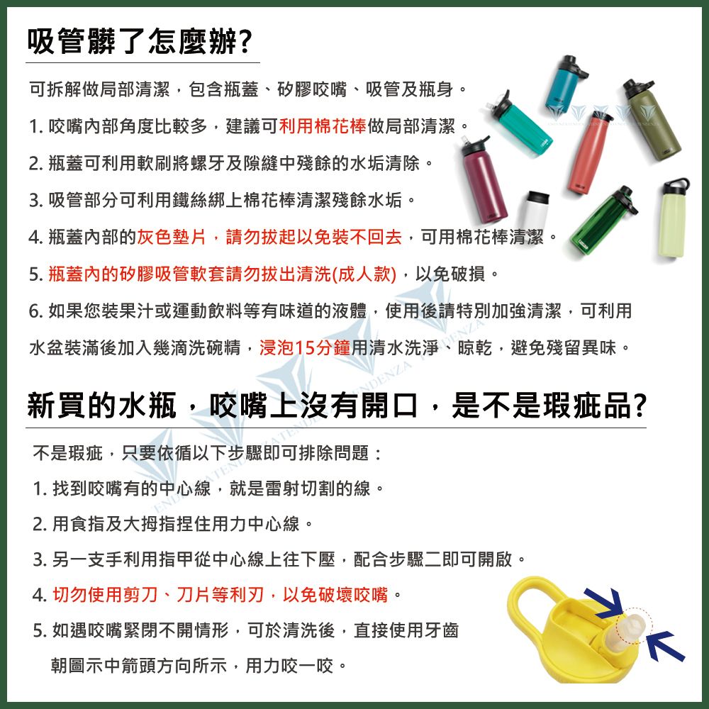 吸管髒了怎麼辦?可拆解做局部清潔,包含瓶蓋、矽膠咬嘴、吸管及瓶身。1. 咬嘴部角度比較多,建議可利用棉花棒做局部清潔。2. 瓶蓋可利用軟刷將螺牙及隙縫中殘餘的水垢清除。3. 吸管部分可利用鐵絲綁上棉花棒清潔殘餘水垢。4. 瓶蓋內部的灰色墊片,請勿拔起以免裝不回去,可用棉花棒清潔。5. 瓶蓋內的矽膠吸管軟套請勿拔出清洗(成人款),以免破損。6. 如果您果汁或運動飲料等有味道的液體,使用後請特別加強清潔,可利用水盆裝滿後加入幾滴洗碗精,浸泡15分鐘用清水洗淨、晾乾,避免殘留異味。NDENZA新買的水瓶,咬嘴上沒有開口,是不是瑕疵品?不是瑕疵,只要依循以下步驟即可排除問題:1. 找到咬嘴有的中心線,就是雷射切割的線。2. 用食指及捏住用力中心線。3. 另一支手利用指甲從中心線上往下壓,配合步驟二即可開啟。4. 切勿使用剪刀、刀片等利刃,以免破壞咬嘴。5. 如遇咬嘴緊閉不開情形,可於清洗後,直接使用牙齒朝圖示中箭頭方向所示,用力咬一咬。