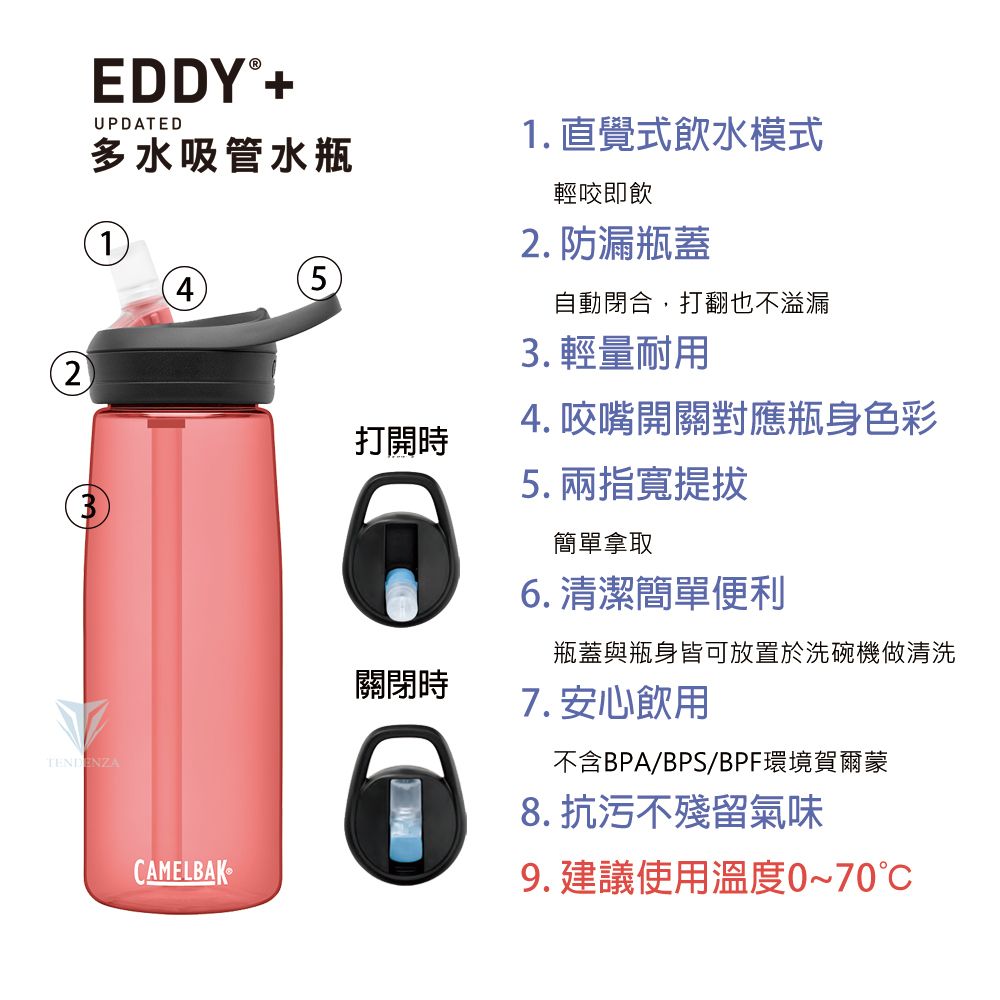 2EDDY®+UPDATED多水吸管水瓶1TENDENZA45CAMELBAK打開時關閉時1.直覺式飲水模式輕咬即飲2. 防漏瓶蓋自動閉合,打翻也不溢漏 輕量耐用4. 咬嘴開關對應瓶身色彩5. 兩指寬提拔簡單拿取6. 清潔簡單便利瓶蓋與瓶身皆可放置於洗碗機做清洗7. 安心飲用不含BPA/BPS/BPF環境賀爾蒙8. 抗污不殘留氣味9. 建議使用溫度0~70℃