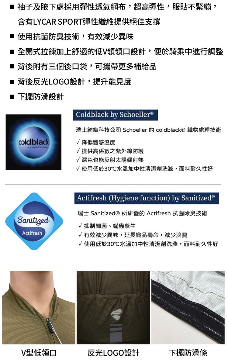 袖子及腋下處採用彈性透氣網布,超高彈性,服貼不緊繃,含有LYCAR SPORT彈性纖維提供絕佳支撐 使用抗菌防臭技術,有效減少異味全開式拉鍊加上舒適的低V領領口設計,便於騎乘中進行調整■ 背後附有三個後口袋,可攜帶更多補給品■ 背後反光LOGO設計,提升能見度下擺防滑設計coldblacka schoeller Coldblack by Schoeller®瑞士紡織科技公司 Schoeller 的 coldblack® 織物處理技術降低體感溫度提供高係數之紫外線防護深色也能反射太陽輻射熱使用低於30℃水溫加中性清潔劑洗滌,面料耐久性好SanitizedActifreshActifresh (Hygiene function) by SanitizedⓇ瑞士 Sanitized® 所研發的 Actifresh 抗菌除臭技術 抑制細菌、蟎蟲孳生√有效減少異味,延長織品壽命,減少浪費√使用低於30℃水溫加中性清潔劑洗滌,面料耐久性好V型低領口反光LOGO設計下擺防滑條