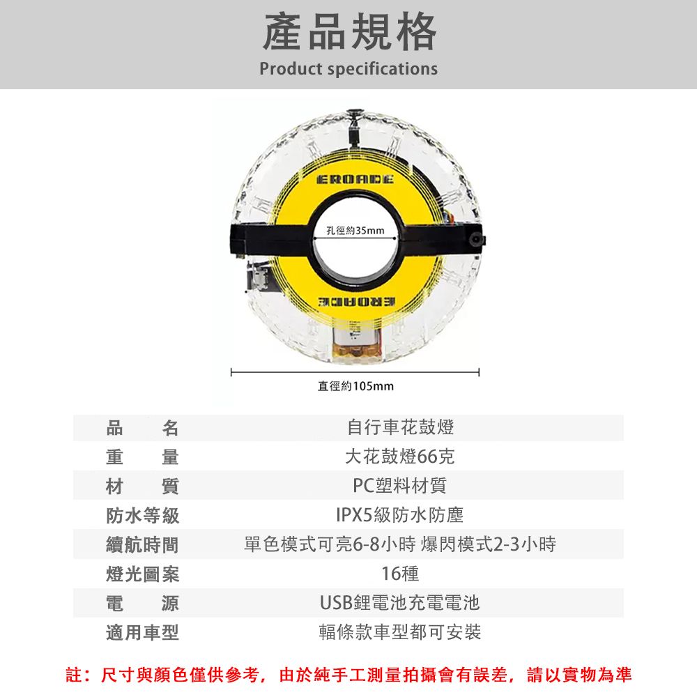 產品規格Product specificationsEROADE孔徑約35mm重 量材 質防水等級直徑約105mm自行車花鼓燈大花鼓燈66克PC塑料材質IPX5級防水防塵續航時間燈光圖案電 源單色模式可亮6-8小時 爆閃模式2-3小時16種USB鋰電池充電電池適用車型輻條款車型都可安裝註:尺寸與顏色僅供參考,由於純手工測量拍攝會有誤差,請以實物為準