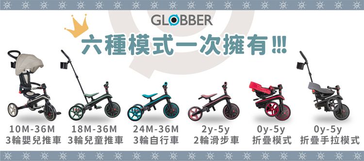 GLOBBER六種模式一次擁有!!!10M-36M18M-36M24M-36M-5y-5y-5y3輪嬰兒推車 3輪兒童推車 3輪自行車2輪滑步車 折疊模式 折疊手拉模式