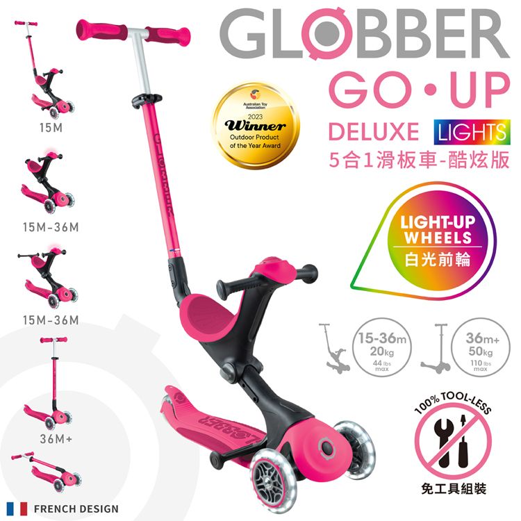 15M15M-36M15M-36M36MGLOBBER2023WinnerOutdoor Productof the Year AwardDELUXE LIGHTS5合1滑板車-酷炫版LIGHT-UPWHEELS白光前輪15-36m36m+20kg50kg44100%TOOL-LESSFRENCH DESIGN免工具組裝