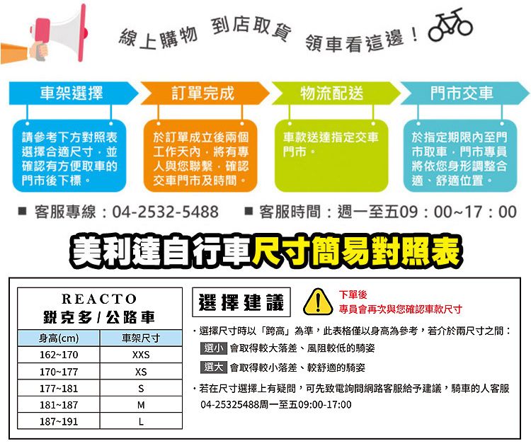 線上購物到店取貨領車看這邊! 車架選擇訂單完成物流配送門市交車請參考下方對照表選擇合適尺寸並確認有方便取車的門市後下標於訂單成立後兩個工作將有專人與您聯繫確認交車門市及時間。車款送達指定交車門市。於指定期限內至門市取車,門市專員將依您身形調整合適、舒適位置。 客服專線:04-2532-5488  客服時間:週一至五09:00~17:00美利達自行車尺寸簡易對照表REACTO銳克多  公路車選擇建議|下單後專員再次與您確認車款尺寸身高(cm)車架尺寸162-170X170-177X177-181S181-187M選擇尺寸時以跨高」為準,此表格僅以身高為參考,若介於兩尺寸之間: 會取得較落差、風阻較低的騎姿「大 會取得較小落差、較舒適的騎姿,若在尺寸選擇上有疑問,可先致電詢問網路客服給予建議,騎車的人客服04-25325488周一至五09:00-17:00187-191L