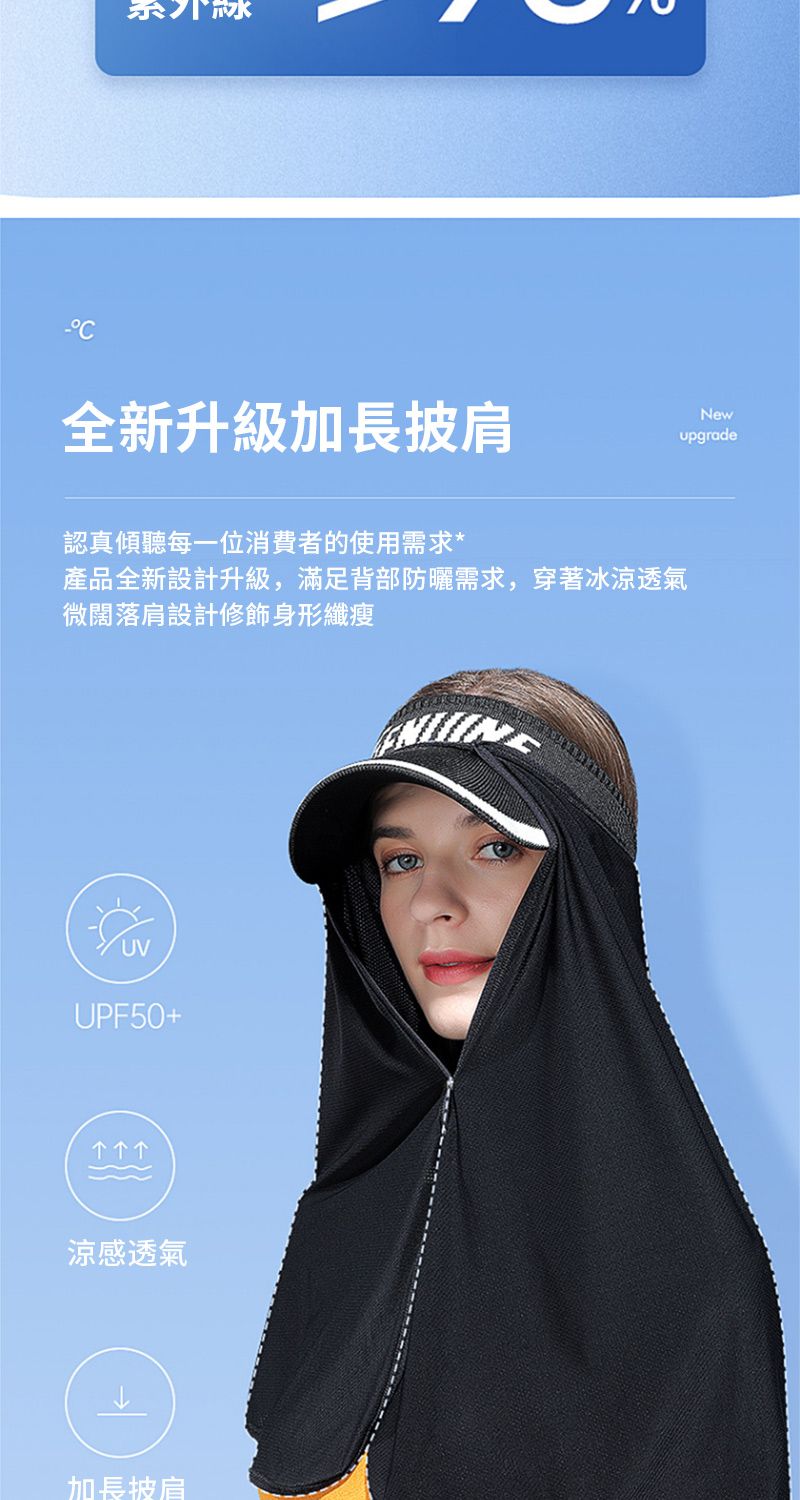 全新升級加長披肩認真傾聽每一位消費者的使用需求*產品全新設計升級,滿足背部防曬需求,穿著冰涼透氣微落肩設計修飾身形纖瘦UVUPF50+涼感透氣加長披肩Newupgrade