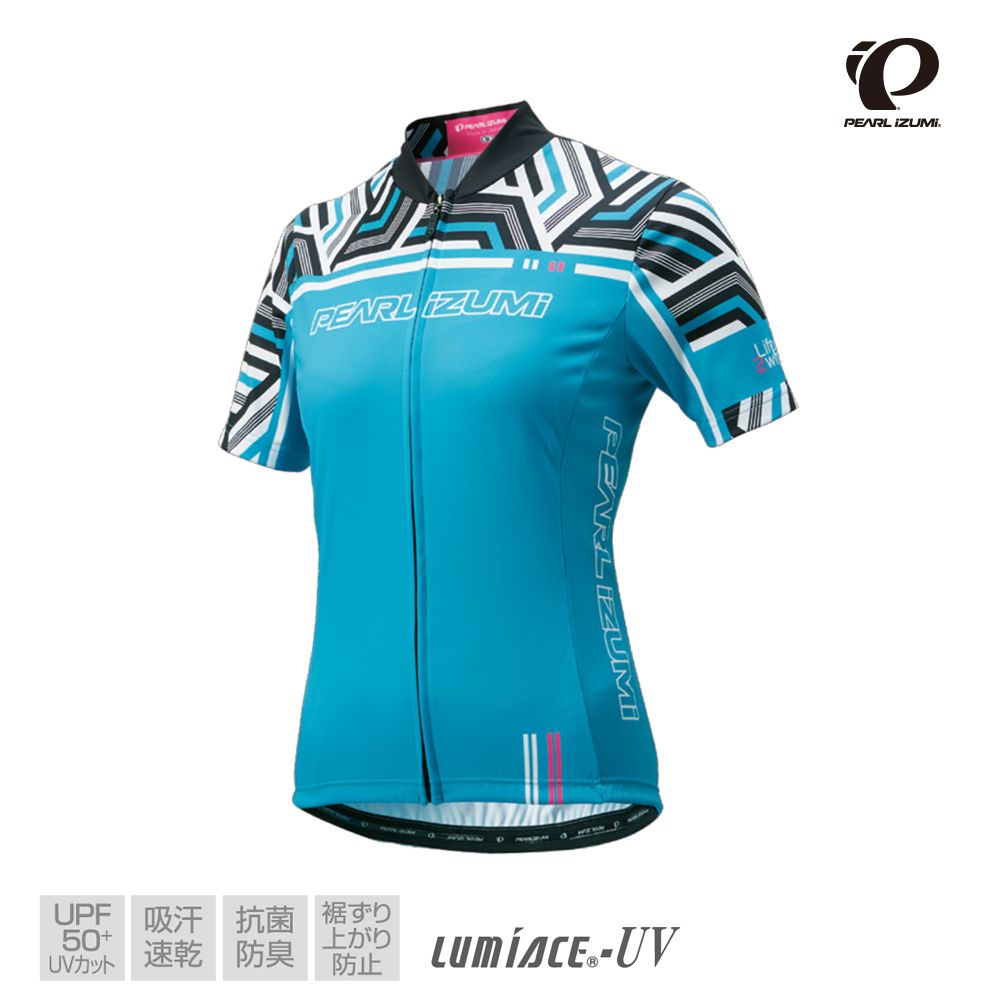 PEARL iZUMi 日本進口 抗UV吸汗速乾設計款女短車衣 W621-B-15 藍幾何圖