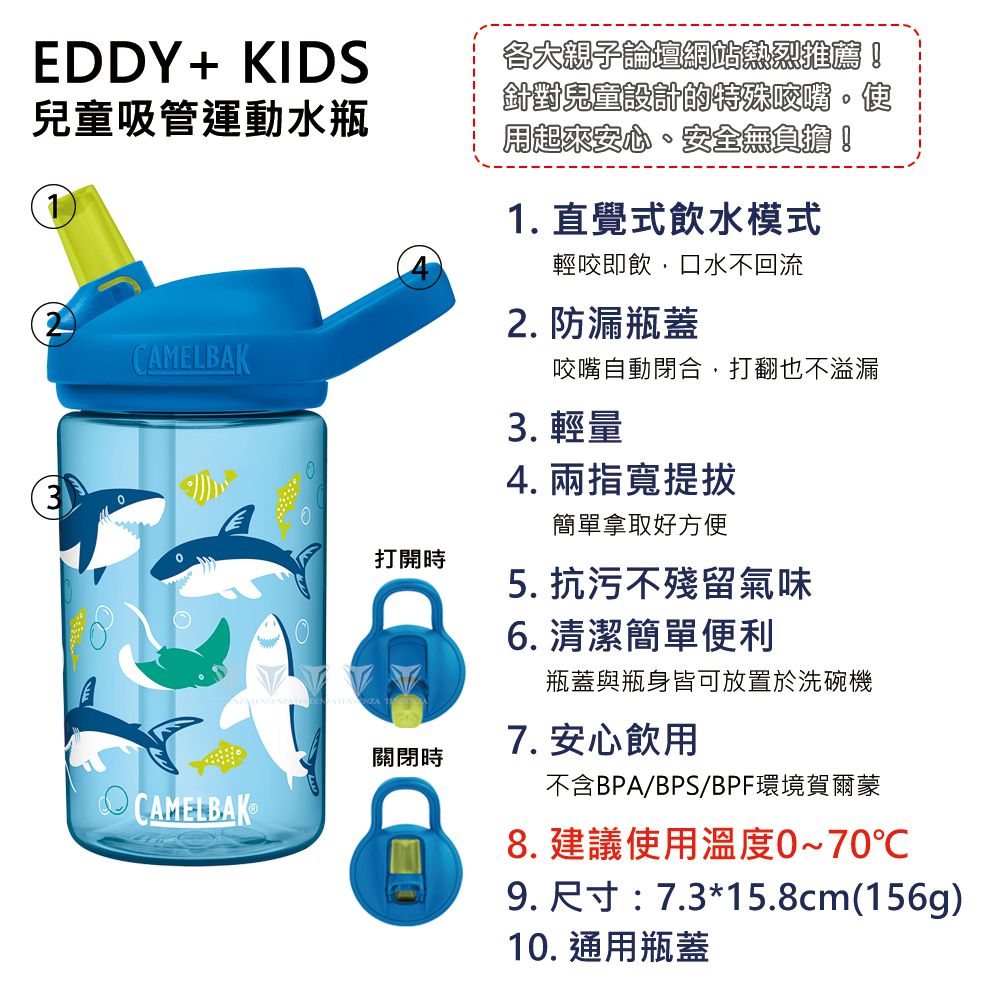 EDDY+ KIDS兒童吸管運動水瓶CAMELBAK打開時關閉時CAMELBAK®各大親子論壇網站熱烈推薦!針對兒童設計的特殊咬嘴。便用起來安心、安全無負擔!1. 直覺式飲水模式輕咬即飲,口水不回流2. 防漏瓶蓋咬嘴自動閉合,打翻也不溢漏 輕量4.兩指寬提拔簡單拿取好方便5. 抗污不殘留氣味6. 清潔簡單便利瓶蓋與瓶身皆可放置於洗碗機7. 安心飲用不含BPA/BPS/BPF環境賀爾蒙8. 建議使用溫度0~70℃9. 尺寸:7.3*15.8cm(156g)10. 通用瓶蓋