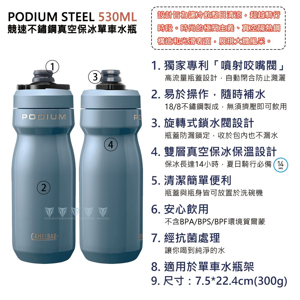 DIUM STEEL 530ML競速不鏽鋼真空保冰單車水瓶設計為讓冷飲清涼超越騎行時段時尚的極簡主義真空隔熱鋼構造光滑表面。展現大膽風采。1PODIUM23 TENDENZA4PO1. 獨家專利「噴射咬嘴閥」高流量瓶蓋設計,自動閉合防止濺灑2. 易於操作,隨時補水18/8不鏽鋼製成,無須擠壓即可飲用3. 旋轉式鎖設計瓶蓋防漏鎖定,收於包內也不漏水4. 雙層真空保冰保溫設計保冰長達14小時,夏日騎行必備145. 清潔簡單便利瓶蓋與瓶身皆可放置於洗碗機6. 安心飲用CAMELBAK不含BPA/BPS/BPF環境賀爾蒙7. 經抗菌處理讓你喝到純淨的水8. 適用於單車水瓶架9. 尺寸:7.5*22.4cm(300g)