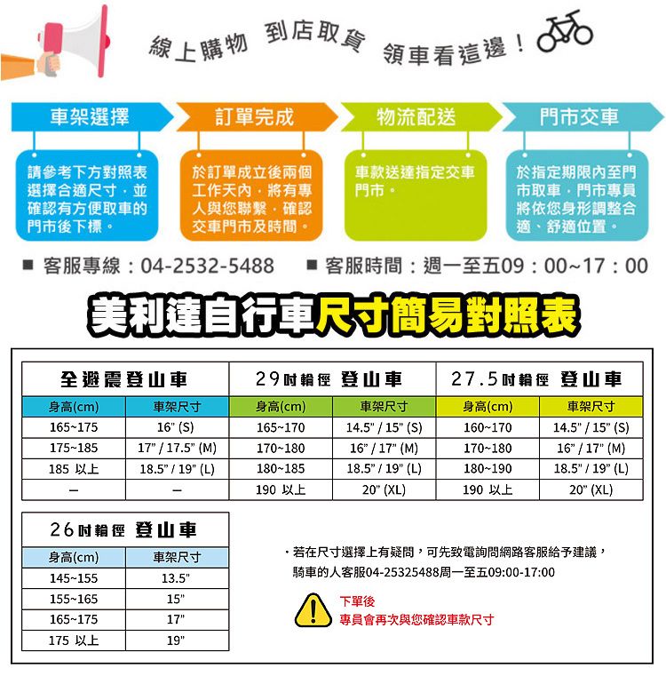 線上購物到店取貨領車看這邊! 車架選擇訂單完成物流配送門市交車請參考下方對照表選擇合適尺寸並確認有方便取車的門市後下標於訂單成立後兩個工作將有專人與您聯繫確認交車門市及時間。車款送達指定交車門市。於指定期限內至門市取車,門市專員將依您身形調整合適、舒適位置。 客服專線:042532-5488  客服時間:週一至五09:00~17:00美自行車尺寸簡易對照表全避震登山車29輪徑 登山車27.5輪徑 登山車身高(cm)165-175175-185車架尺寸16(S)身高(cm)165-170車架尺寸14.5  15(S)身高(cm)車架尺寸160-17014.5 / 15(S)17 / 17.5 (M)170-18016 / 17 (M)170-18016 / 17(M)185 以上18.5/19 (L)180-18518.5 / 19 (L)180-190-190 以上20 (XL)190 以上18.5 / 19(L)20 (XL)26輪徑 登山車身高(cm)車架尺寸145-15513.5155-16515165-17517175 以上19若在尺寸選擇上有疑問,可先致電詢問網路客服給予建議,騎車的人客服04-25325488周一至五09:00-17:00下單後專員會再次與您確認車款尺寸