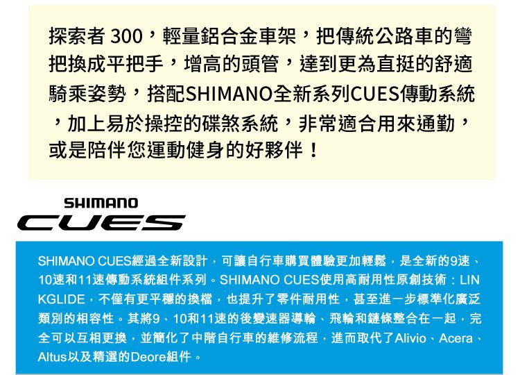 探索者 300,輕量鋁合金車架,把傳統公路車的彎把換成平把手,增高的頭管,達到更為直挺的舒適騎乘姿勢,搭配SHIMANO全新系列CUES傳動系統,加上易於操控的碟煞系統,非常適合用來通勤,或是陪伴您運動健身的好夥伴!SHIMANOCUESSHIMANO CUES經過全新設計,可讓自行車購買體驗更加輕鬆,是全新的9速10速和11速傳動系統組件系列。SHIMANO CUES使用高耐用性原創技術:LINKGLIDE,不僅有更平穩的換檔,也提升了零件耐用性,甚至進一步標準化廣泛類別的相容性。其將9、10和11速的後變速器導輪、飛輪和鏈條整合在一起,完全可以互相更換,並簡化了中階自行車的維修流程,進而取代了Alivio、Acera、Altus以及精選的Deore組件。